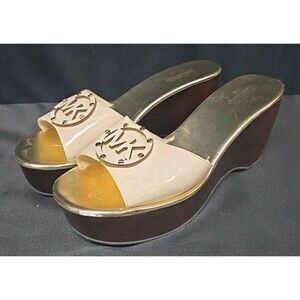 MICHAEL KORS Platform Slides Sandals Wedges Taupe Gold Patent Leather US Sz 9.5